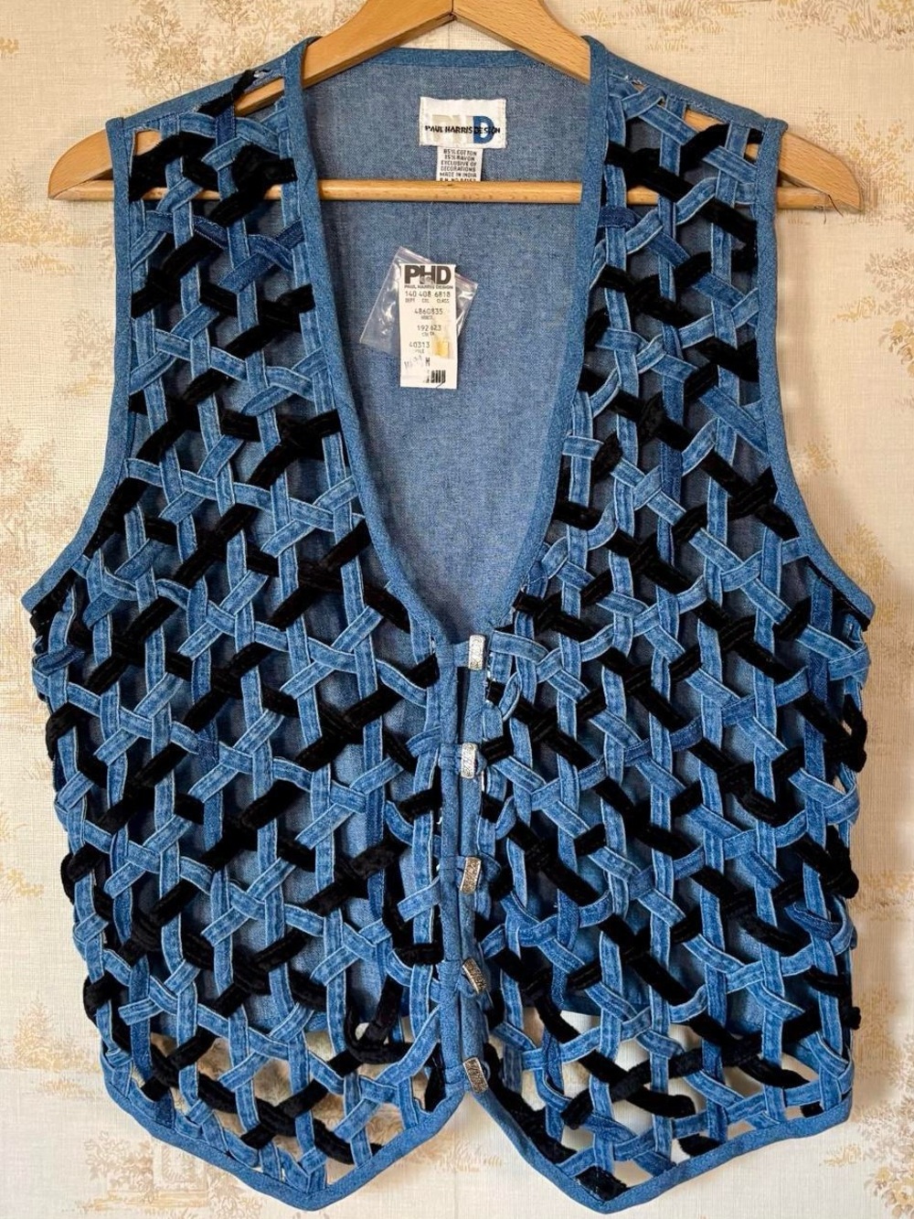 Vintage 90s Paul Harris Design Woven Denim & Velvet Lattice Vest Boho M NWT